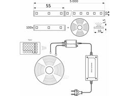Лента светодиодная RGB влагостойкая - 4,8W/m, 12V, 10мм, 5050, 54 д/м, IP65, цветная - 5м, + блок питания + контроллер, AKS 127595