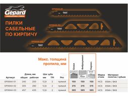 Пилка сабельная по кирпичу S 240мм (240мм, полотно для сабельной пилы по газобетону, пропил прямой) GEPARD GP0644-01