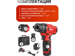 Аккум. дрель-шуруповерт BD 1215 LiSET в чем. 12 В, 30 Н*м, 2х1.5 А*ч, БЗП 10 мм (Быстросъемный патрон, шурупы до 6 мм) WORTEX 1326470