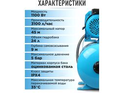 Станция водоснабжения автоматическая DGM BP-1100 (1100 Вт, 3100 л ч, 45 м, 5 бар макс, корпус насоса чугун, бак 24 л)