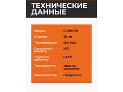Коронка полая по бетону SDS+ d68мм GEPARD (GP2150-68)