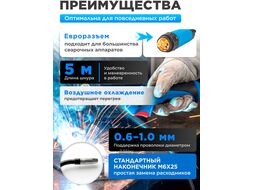 Горелка сварочная MIG MAG WG-15AK (5м, 180А) SOLARIS (CO2 - 180A; Ar(Ar+CO2) - 150A; 0.6-1.0мм; ПВ - 60%; 5 метров) (WG-15AK5)