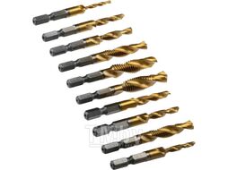 Набор сверл-метчиков (M3x1, M4x1, M5x2, M6x2, M8x2, M10x2) Р6М5, ТИТАН, 10 шт. KRANZ KR-91-0699