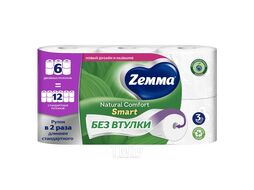 Туалетная бумага (без втулки), 3 слоя, 6 рул. Natural Comfort Smart Zemma