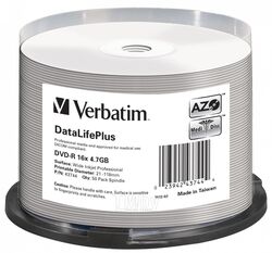 DVD-R 4.7GB 16x Verbatim DataLifePlus AZO Wide Inkjet Printable без ЛОГО по 50 шт. CakeBox 43744