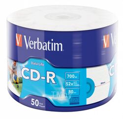 CD-R 700Mb Verbatim Printable 52x по 50 шт. в пленке 043794, заливка не до центра
