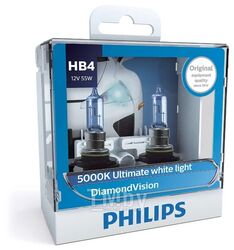 Комплект галогенных ламп 2шт HB4 12V 55W P22D DIAMOND VISION (5000K, максимально яркий белый свет) Philips 9006DVS2