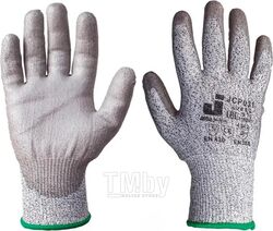 Перчатки с полиуретановым покрытием, антипорезные, 3 класс, р-р 9/L, серые, JetaSafety (Защитные промышленные перчатки от порезов (3класс) с полиурета