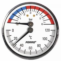 Термоманометр аксиальный d 63 мм, 0-6 бар, 0-120град., 1/2", в коробке Ferro TM63A