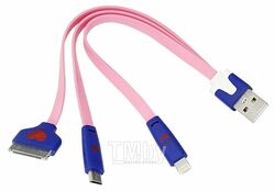 Кабель USB 3 в 1 Lightning/30pin/micro USB/PVC/flat/pink/0,15m REXANT