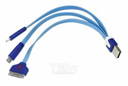 Кабель USB 3 в 1 Lightning/30pin/micro USB/PVC/flat/blue/0,15m REXANT