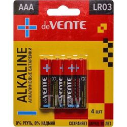 Батарейка Alkaline алкалиновая, AAA, LR03, 1,5В, 4 шт в блистере deVente 9010107