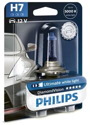 Лампа галогенная блистер 1шт H7 12V 55W PX26D DIAMOND VISION (5000K, максимально яркий белый свет) Philips 12972DVB1