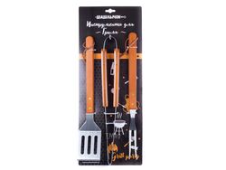 Набор инструментов для гриля металлических с деревянными ручками 3 пр. 37 см: вилка, лопатка, щипцы Шашлычок