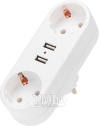 Двойник электрический линейный 16 А с заземлением + 2 USB-порта, 2,4 А, белый REXANT 11-1090