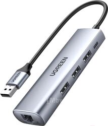 Док-станция UGREEN USB3.0 to 3xUSB3.0+RJ45 Multifunction Adapter CM266 (Gray) (60812)