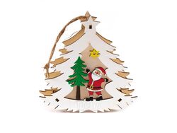 Украшение новогоднее деревянное подвесное "Ёлочка с Дедом Морозом" 12x11x2 см теплый белый Belbohemia