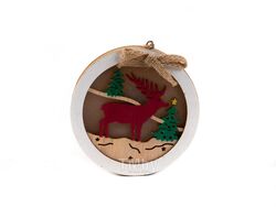 Украшение новогоднее деревянное подвесное "Олененок с елками" 10x10x3 см теплый белый Belbohemia