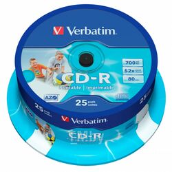 Диск CD-R (25 шт/кругл. бокс) 700 Мб AZO Printable (Область печати: 23 - 118mm) Verbatim 43439
