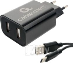 Зарядное устройство MP3A-PC-37 Cablexpert 2xUSB black 5В/2.4A + кабель 1м Type-C