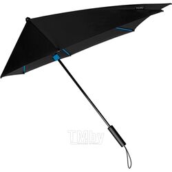 Зонт-трость механ., ручка пласт. "ST-12-BLUE" аэродинамический противоштормовой, в чехле, черный/голубой Impliva