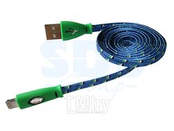 USB кабель светящиеся разъемы для iPhone 5 6 7 моделей шнур шелк плоский1М синий (REXANT)