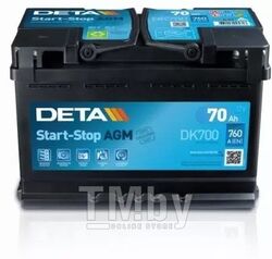 Аккумуляторная батарея 70Ah DETA Start-Stop AGM 12 V 70 AH 760 A ETN 0(R+) B13 278x175x190mm 20.9kg DETA DK700