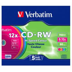 Диск CD-RW 700 Мб 8-12х перезапис. Slim цветн. 5 шт в уп. Verbatim 43167