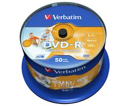 DVD-R 4.7Gb 16x Verbatim AZO Wide Inkjet Printable без ЛОГО по 50 шт. CakeBox 43533