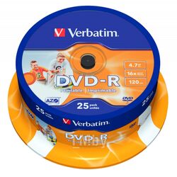 Диск DVD-R 4,7 Гб запис. 16х. 25 шт. на шпинд. AZO Wide Inkjet Printable (Область печати: 21-118mm) Verbatim 43538