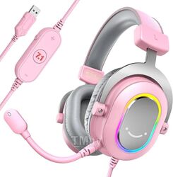 Наушники с микрофоном FIFINE H6P 7.1, С 24-битным объемным звуком 7.1, режимами эквалайзера, RGB, регулятором громкости и отключения звука, съемный микрофон, Pink-Grey