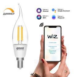 Лампа светодиодная филаментная умная Smart Home Filament 4.5Вт свеча на ветру 2700К тепл. бел. E14 495лм диммир. управление по Wi-Fi GAUSS 1260112