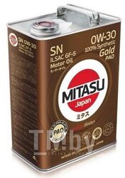 Моторное масло синтетическое MITASU 0W30 4L GOLD PAO SN API SN ILSAC GF-5 для бенз. ДВС, 100% Synthetic MJ1034