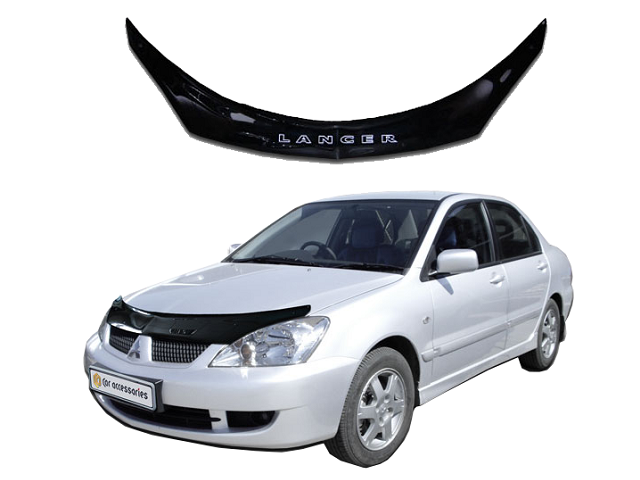 Дефлектор капота (мухобойка) на Mitsubishi Lancer IX 2003-2010. Дефлектор капота (мухобойка) на Mitsubishi Lancer 9. Дефлектор капота Mitsubishi Lancer 9. Дефлектор капота Митсубиси Лансер 9.